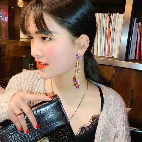 Purple Square Crystal Tassel Drop earrings - Picture 4 of 4